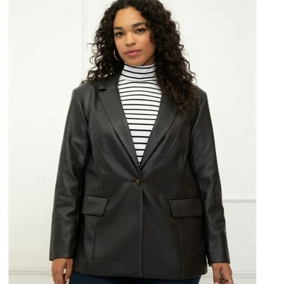 NWT Eloquii Black Onyx Faux Leather VNeck Belted Jacket - Picture 1 of 11